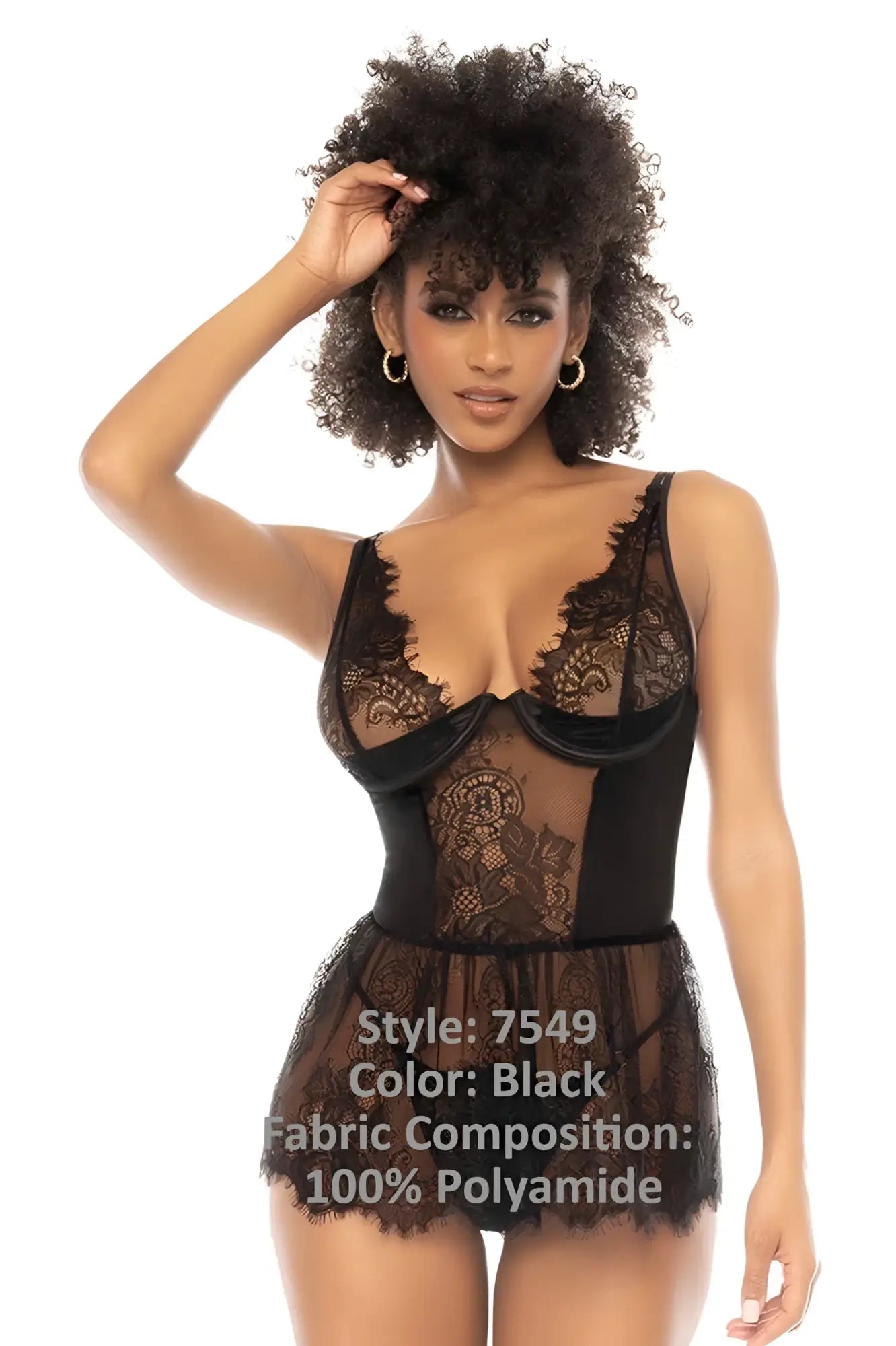 Black lace bodysuit with sheer mesh panels and flared skirt mapale 7549 raven babydoll in black