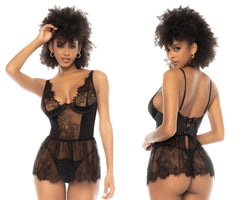 Black lace Mapale 7549 Raven babydoll bodysuit with sheer panels and corset-style back shown from behind