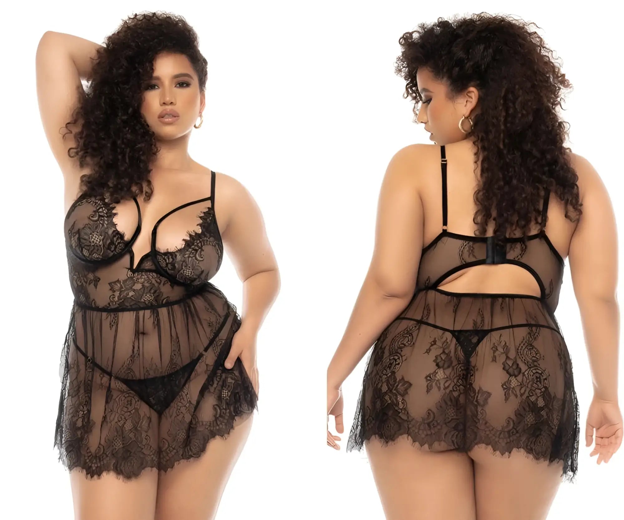 Black lace lingerie set mapale 7550x selma babydoll with intricate floral patterns and sheer mesh panels in black