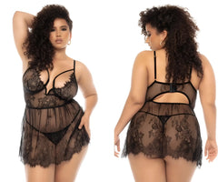 Black lace lingerie set mapale 7550x selma babydoll with intricate floral patterns and sheer mesh panels in black