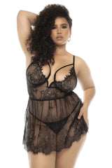 Black lace lingerie set mapale 7550x selma babydoll plus with intricate floral patterns and sheer mesh panels
