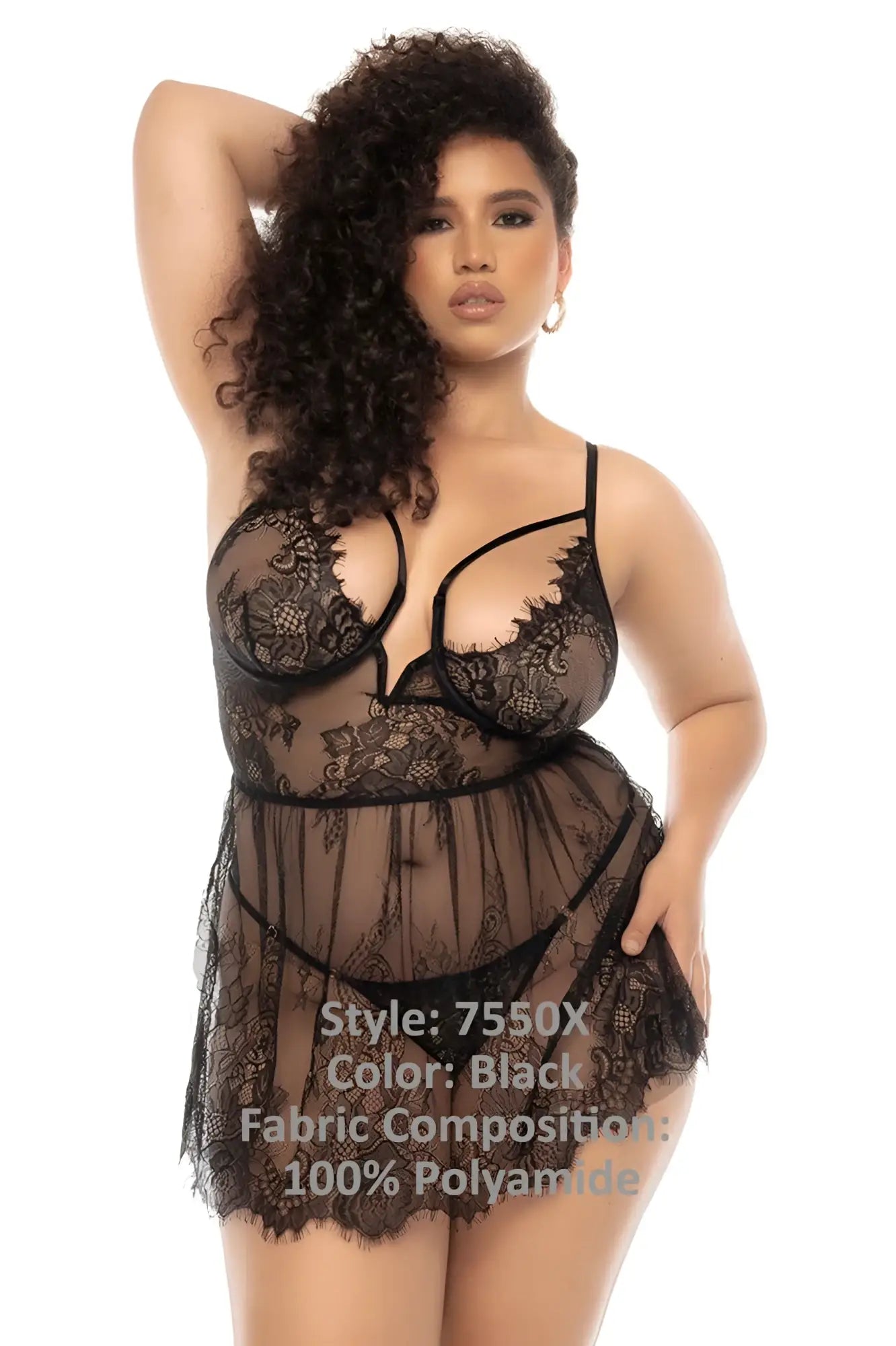 Black lace lingerie set Mapale 7550X Selma babydoll plus with intricate floral patterns and a sheer flowing skirt