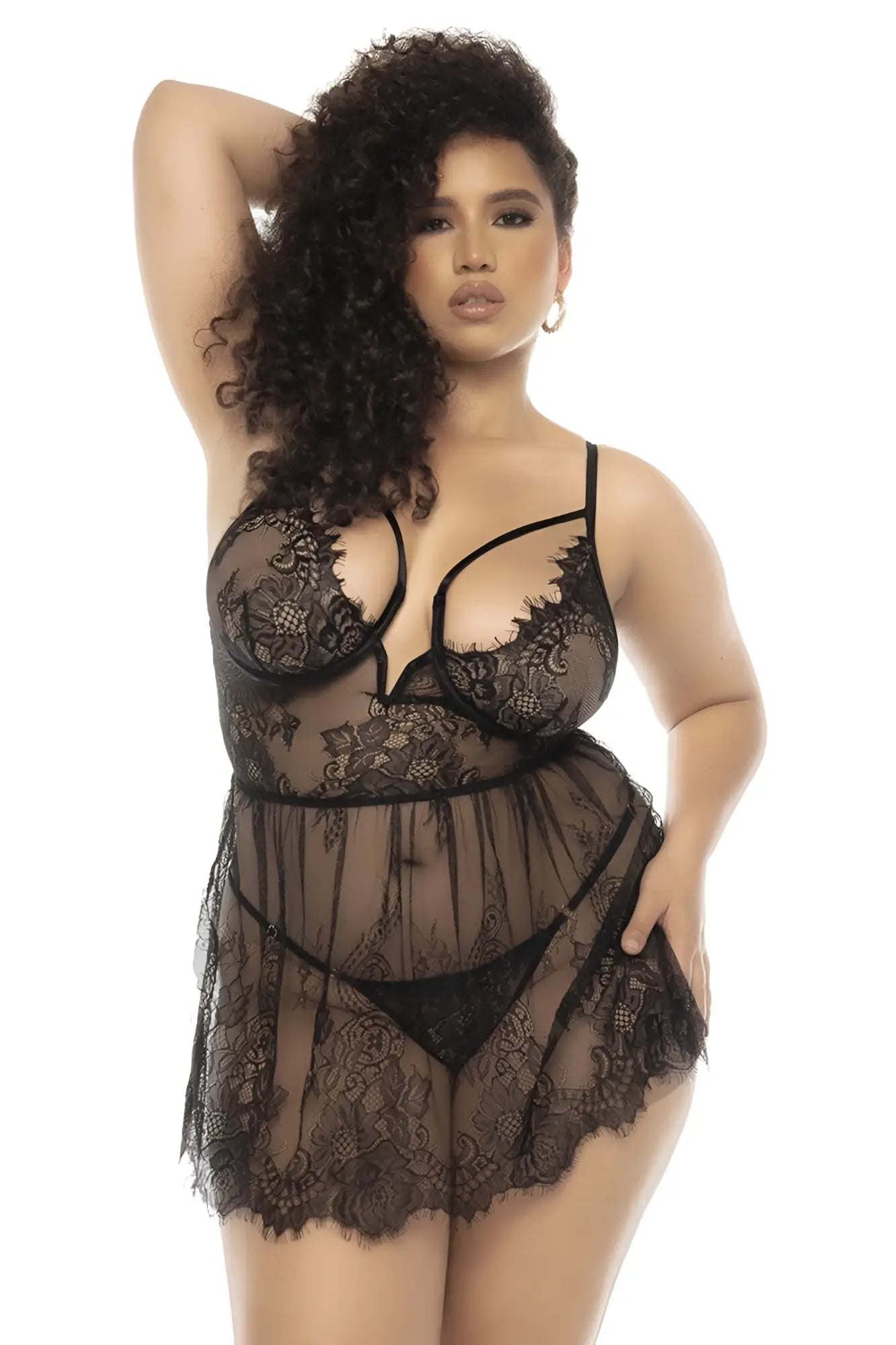 Black lace lingerie set mapale 7550X Selma babydoll with intricate floral patterns and sheer mesh panels in black
