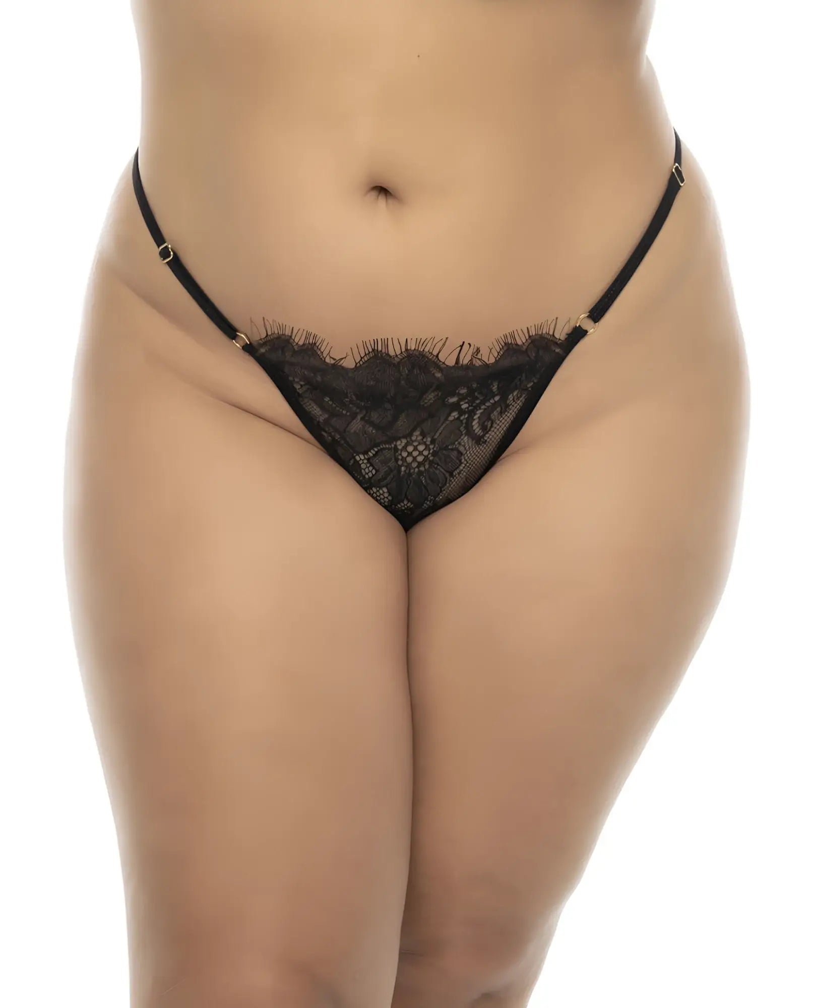 Black lace thong with delicate floral patterns and thin straps from mapale 7550X selma babydoll plus color black