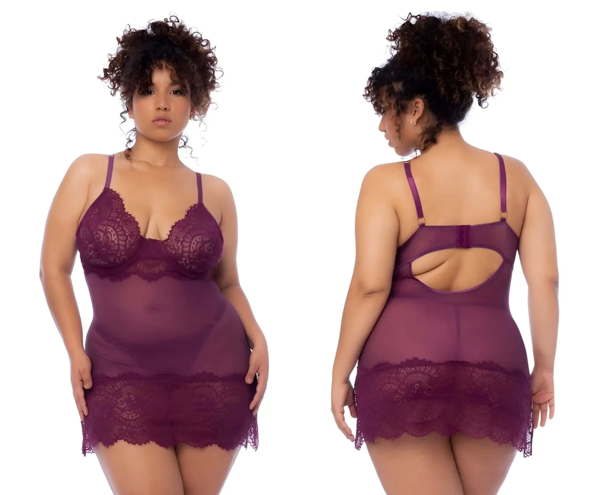 Purple lace lingerie set with sheer mesh panels and back cutout design in mapale 7554x babydoll color wine back view