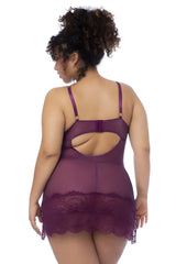 Purple lace trimmed sheer nightgown with thin straps and back cutout shown from the back in wine color by Mapale