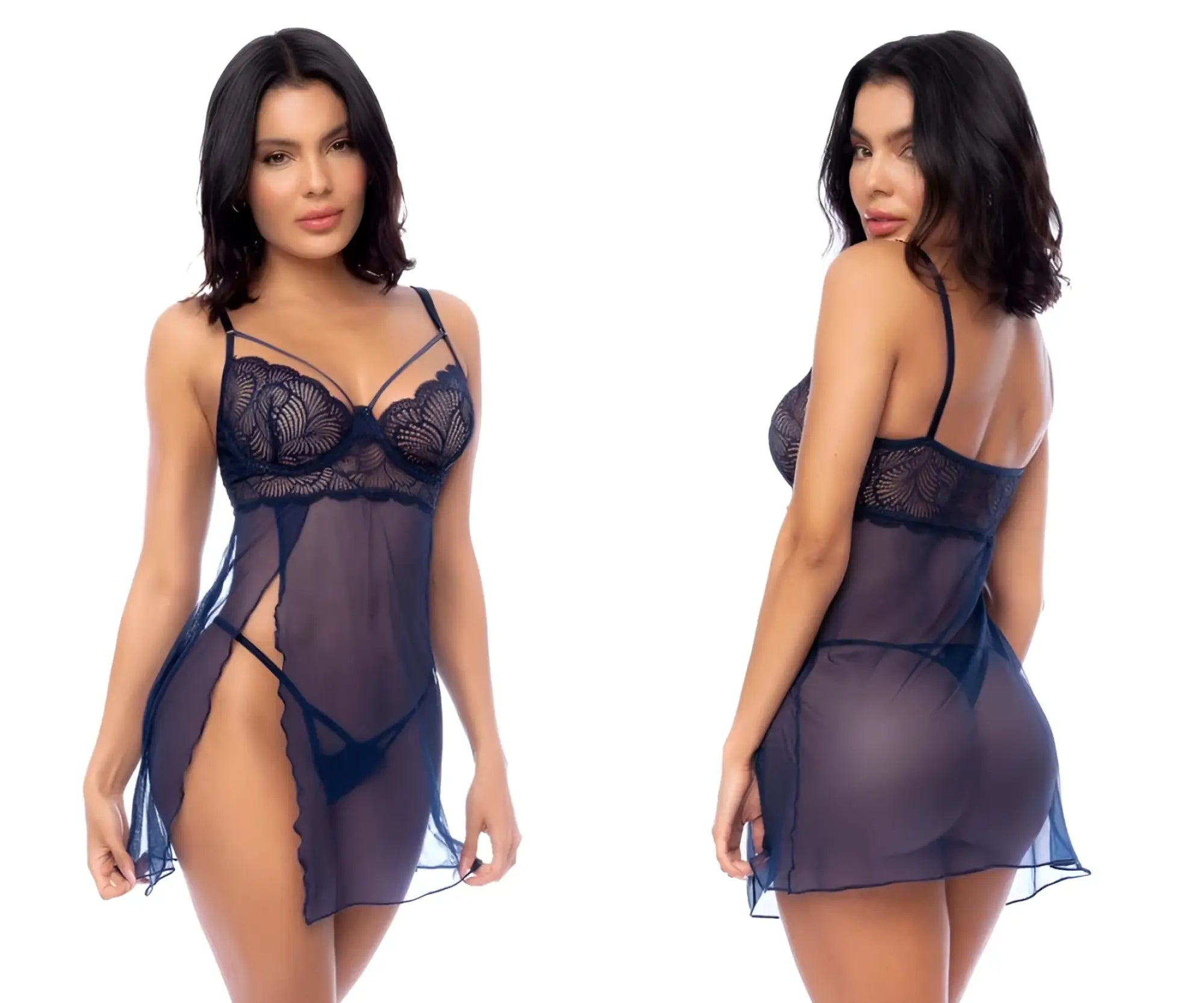 Mapale 7555 babydoll navy blue sheer lace chemise with delicate floral patterns and thin spaghetti straps