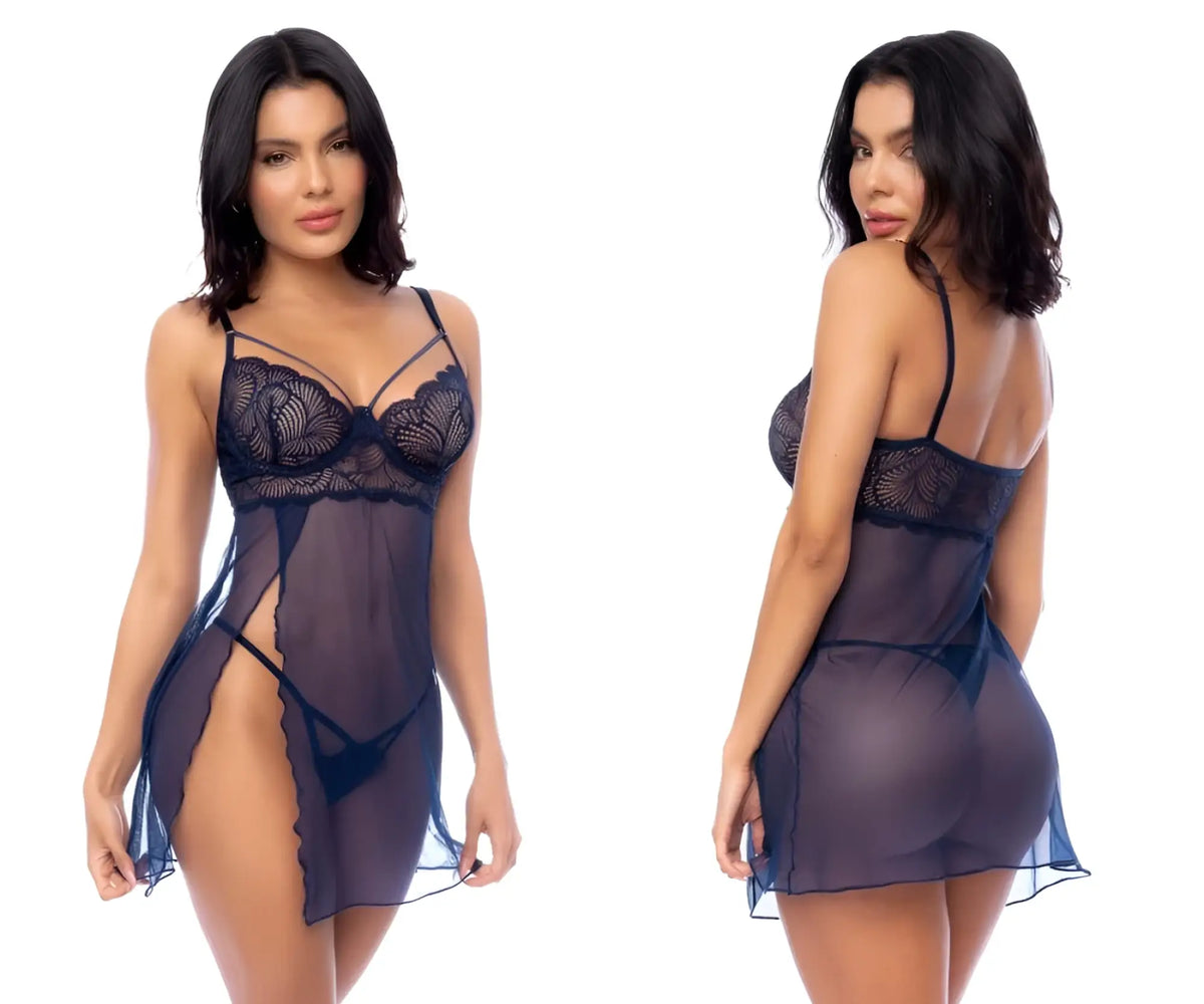 Mapale 7555 babydoll navy blue sheer lace chemise with delicate floral patterns and thin spaghetti straps
