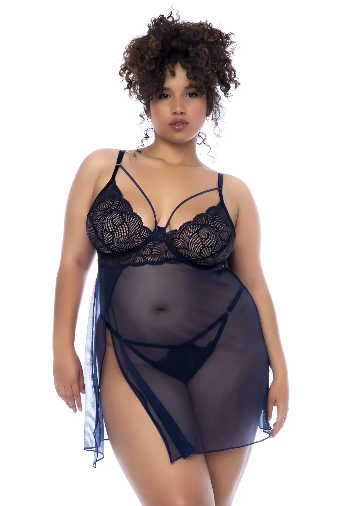 Black lace bra with sheer navy blue mesh overlay and side slit from mapale 7555x babydoll midnight blue