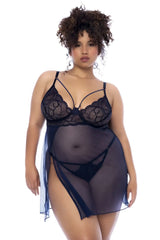 Black lace bra with sheer navy blue mesh overlay and side slit from mapale 7555x babydoll midnight blue