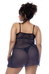Mapale 7555x babydoll midnight blue sheer lace nightgown with delicate floral embroidery and thin spaghetti straps