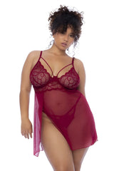 Mapale 7555X babydoll lingerie set in deep red lace with sheer mesh overlay and delicate floral patterns
