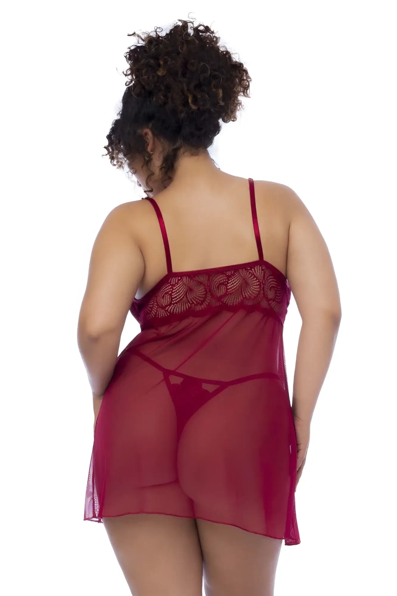 Mapale 7555X babydoll sheer red lace chemise with thin straps and decorative patterned bodice in rosewood color