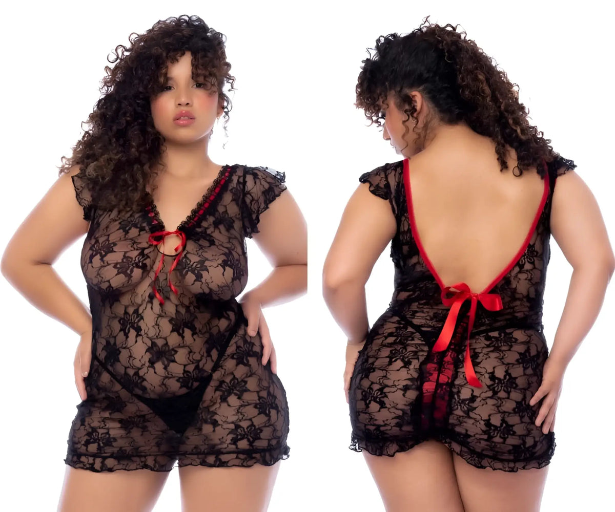 Black lace lingerie babydoll with red ribbon ties at neckline and back by mapale 7556x in black
