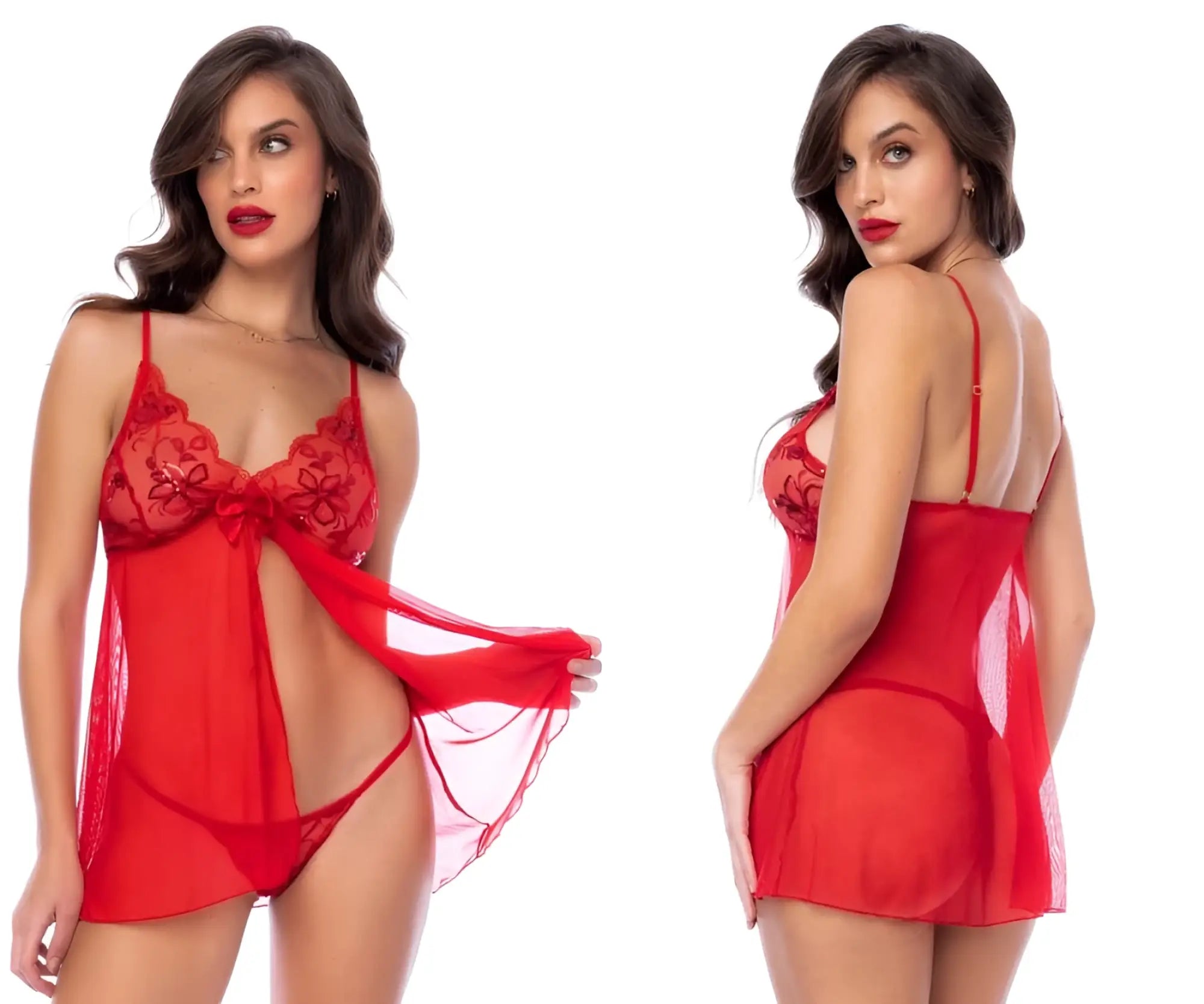 Red lace Mapale 7559 babydoll lingerie set with sheer mesh overlay and central bow detail in vibrant red color