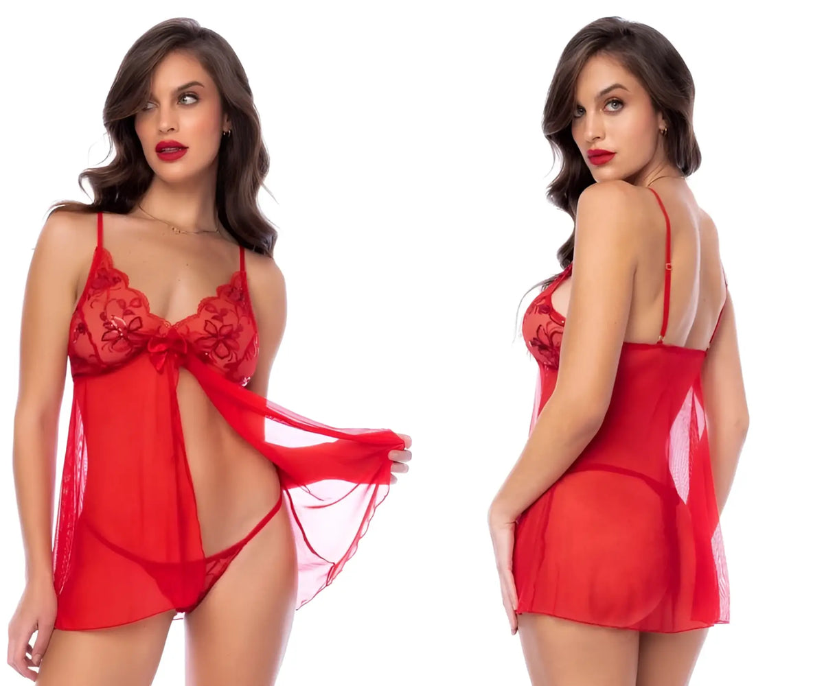 Red lace Mapale 7559 babydoll lingerie set with sheer mesh overlay and central bow detail in vibrant red color