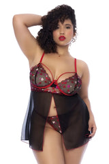 Mapale 7560x babydoll sheer lingerie set in red and black heart pattern with scalloped edges and mesh material