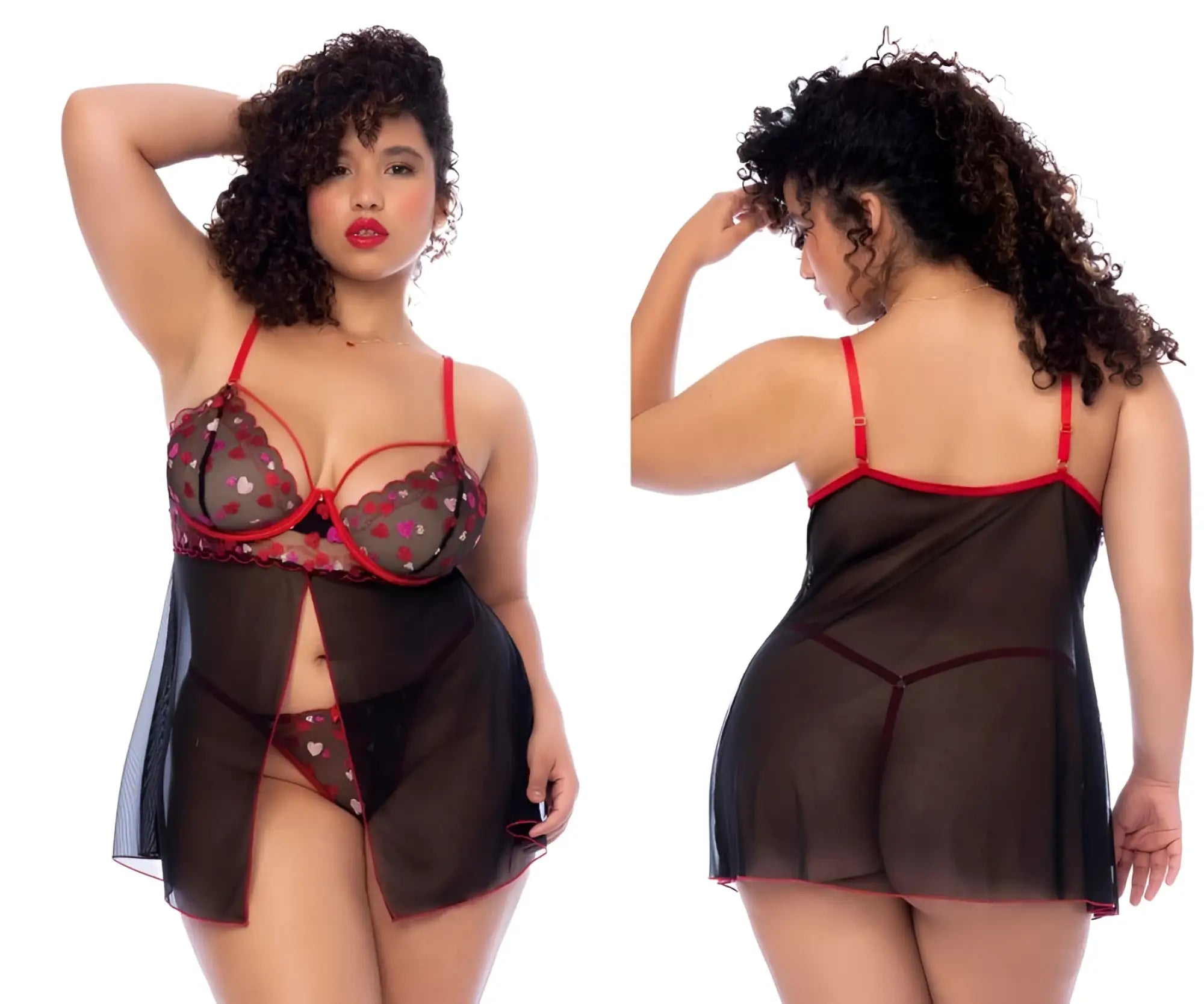 Red and black lace lingerie set with heart patterns from Mapale 7560X babydoll in black-red color
