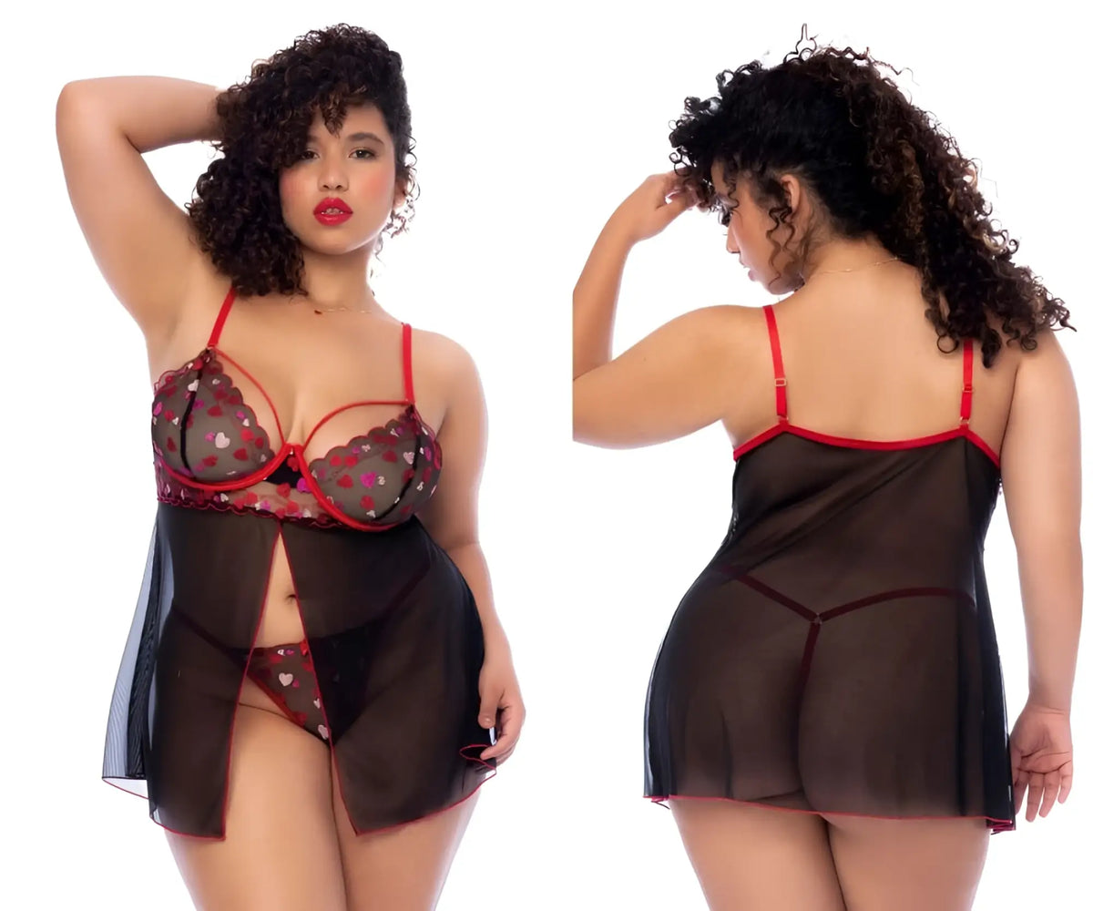 Red and black lace lingerie set with heart patterns from Mapale 7560X babydoll in black-red color
