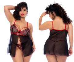Red and black lace lingerie set with heart patterns from Mapale 7560X babydoll in black-red color