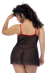 Black sheer nightgown mapale 7560x babydoll with red trim and thin straps in black and red