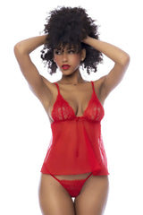 Red lace Mapale 7562 babydoll lingerie set with sheer mesh overlay and delicate floral embroidery in red