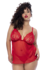 Red lace and sheer mesh lingerie set with thin straps in mapale 7562x babydoll color red visible from the back