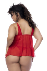 Red sheer lace-trimmed camisole top from mapale 7562x babydoll in vibrant red satin material