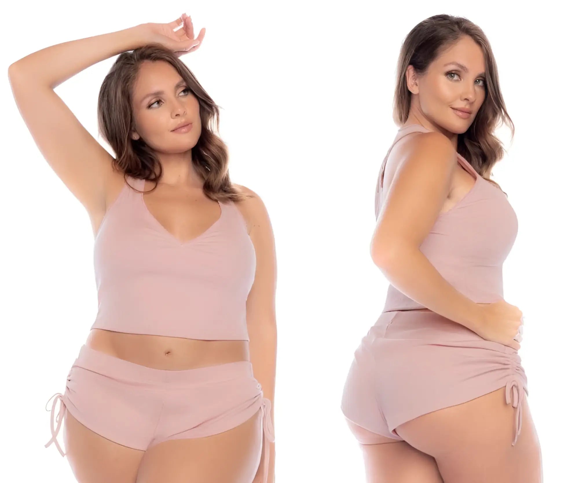 Mapale 7570X two piece pajama set in rose featuring a soft blush pink ribbed crop top and matching shorts with side ties