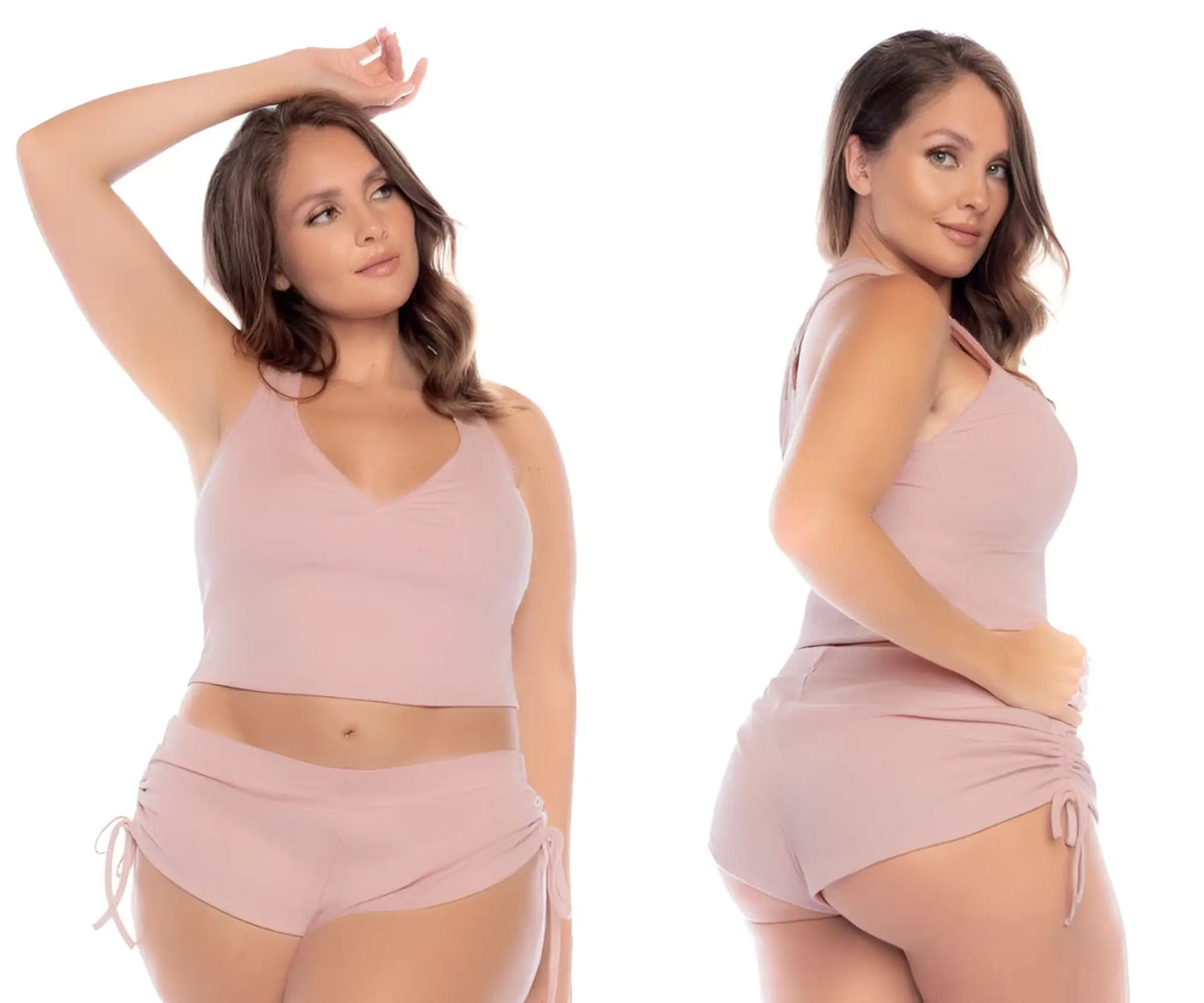 Mapale 7570X two piece pajama set in rose featuring a soft blush pink ribbed crop top and matching shorts with side ties