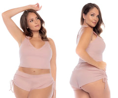 Mapale 7570X two piece pajama set in rose featuring a soft blush pink ribbed crop top and matching shorts with side ties