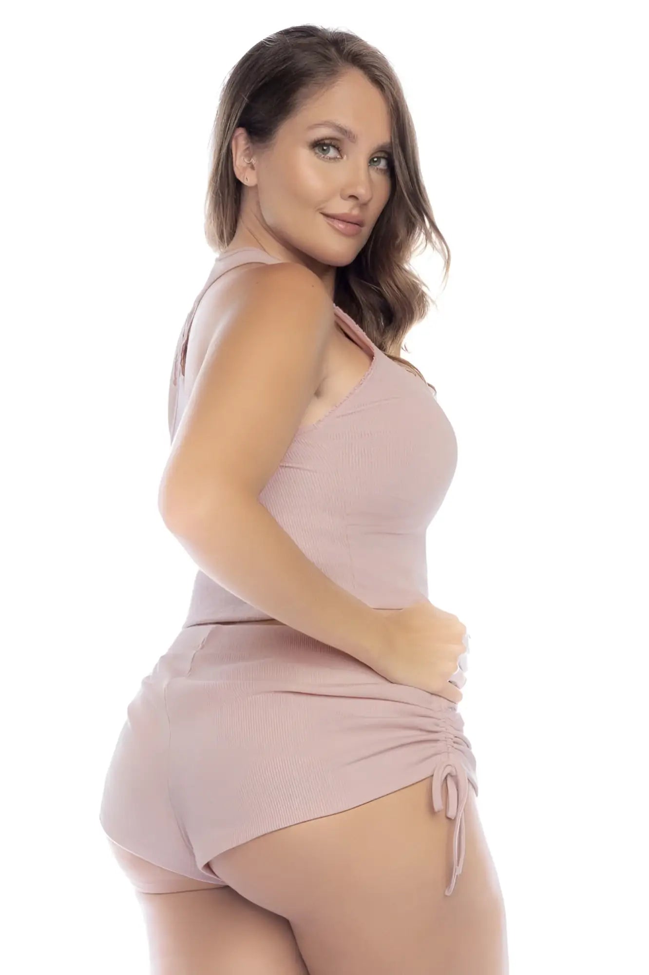 Mapale 7570X two piece pajama set in rose soft blush pink ribbed knit with halter top and ruched shorts with drawstring ties