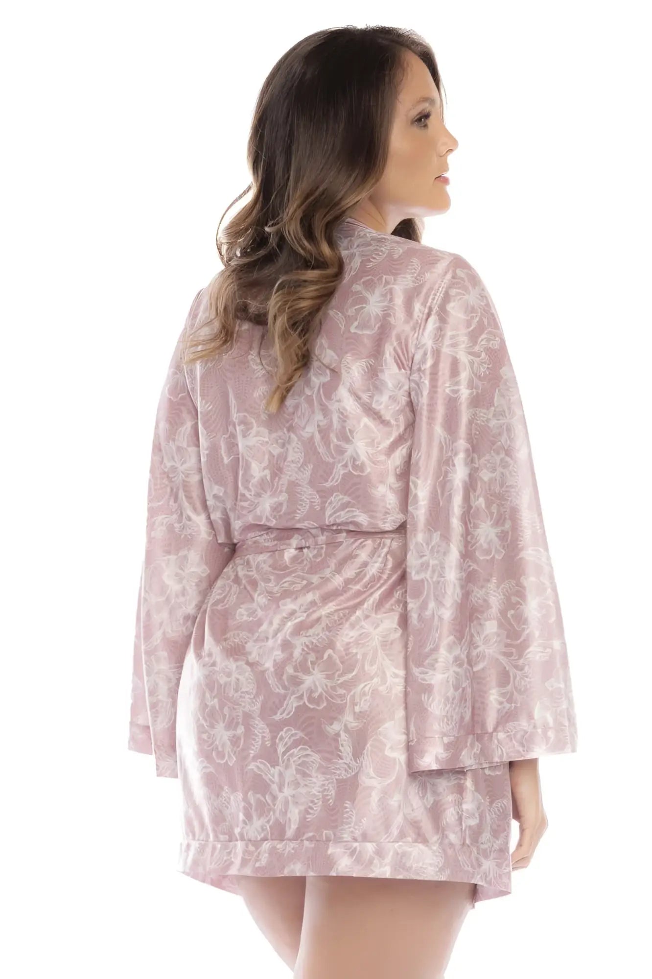 Mapale 7577X soft pink satin robe with delicate white floral pattern and matching belt rose print design