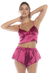 Mapale 7581 two piece pajama set in sparkling fuchsia magenta satin with polka dots and ruffled shorts