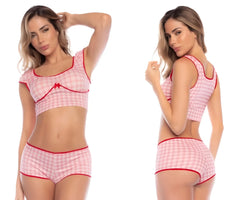 Pink and white checkered two-piece lingerie set with red trim by mapale 7591 in vichy pink plaid fabric