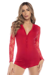 Red long-sleeved lace bodysuit with button-front neckline from Mapale 7594 sleep romper collection