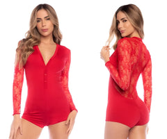 Mapale 7594 red long sleeve lace bodysuit with v-neck and button front detail for sleepwear and lingerie