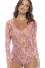 Mapale 7599 sleep romper in rose pink lace with long sleeves and v-neckline bodysuit style