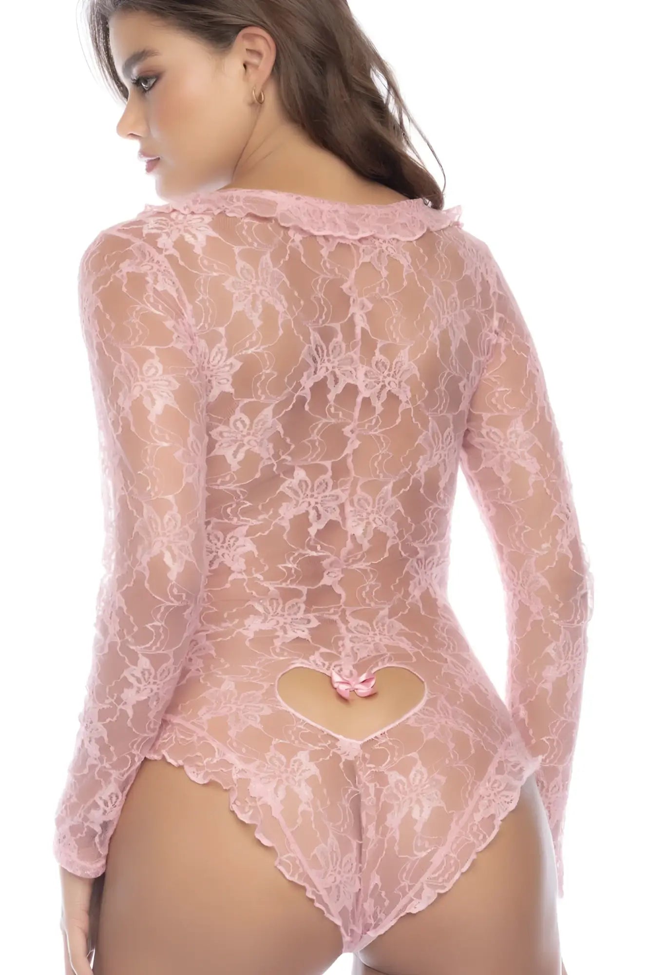 Pink floral lace sleep romper with heart-shaped cutout at back by mapale in rose color model 7599
