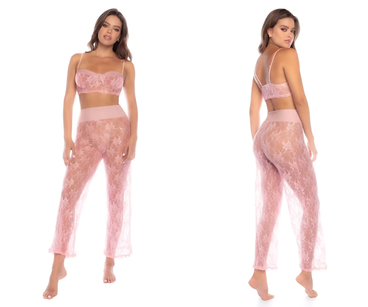 Mapale 7600 two piece pajama set rose with delicate pink lace star patterned bra top and matching high waisted pants