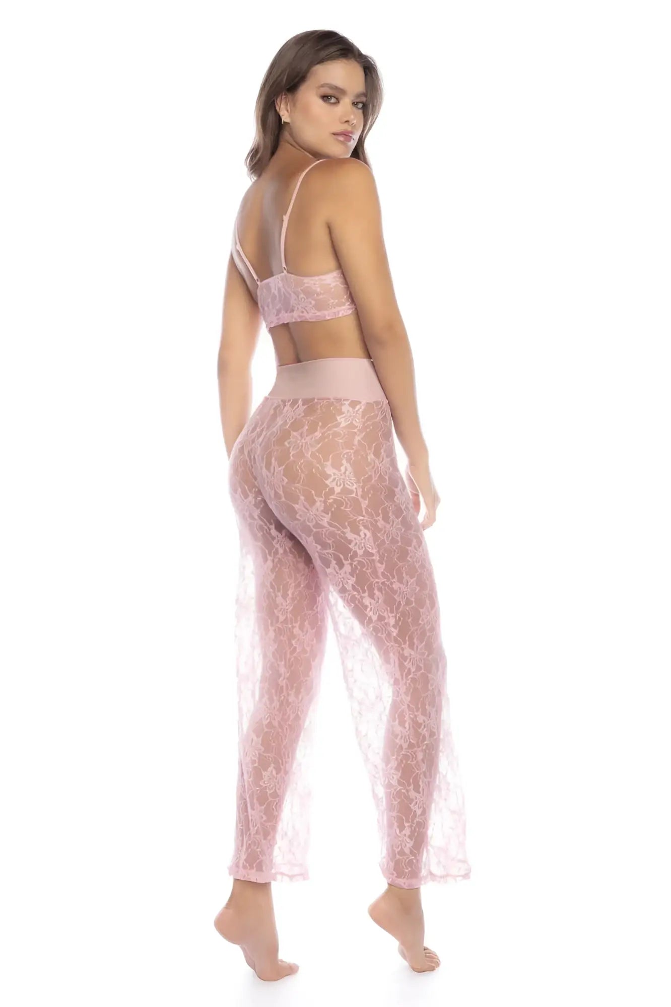 A delicate pink lace Mapale 7600 two piece pajama set with matching bra and high waisted sheer flowing pants