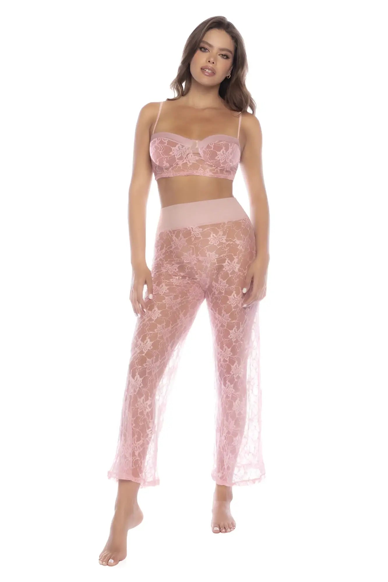 Delicate pink lace mapale 7600 two piece pajama set with bralette and high waisted floral pants in rose color