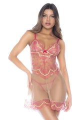 A sheer pink lace chemise with floral embroidery and a matching bow at the neckline from mapale 7604 babydoll rose whisper