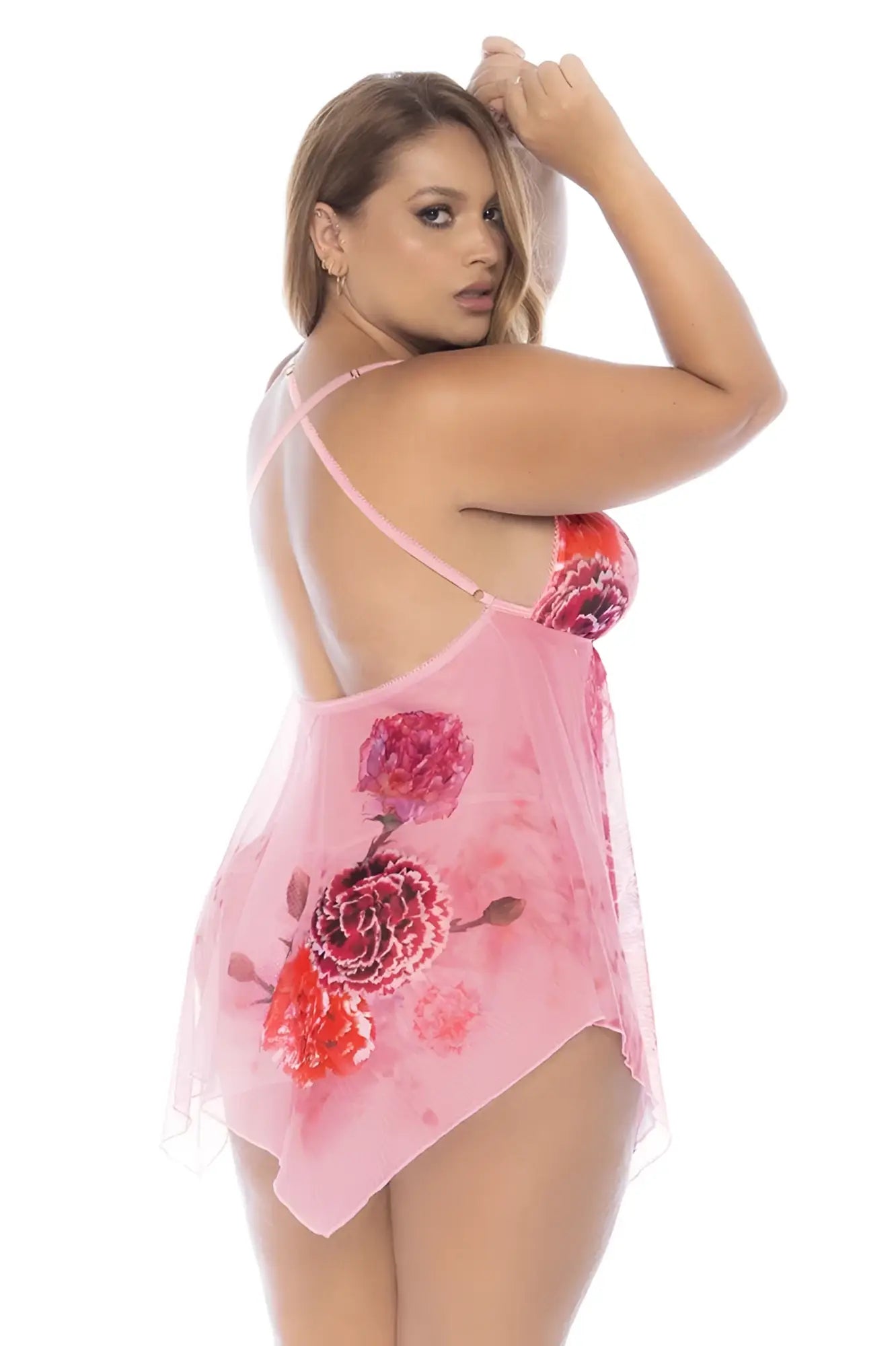 Pink floral sheer nightgown with thin straps and backless design from mapale 7607x babydoll in blushing petal color