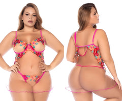 Mapale 7609x babydoll in pink floral lace lingerie set with sheer mesh and scalloped edges for seductive garden look