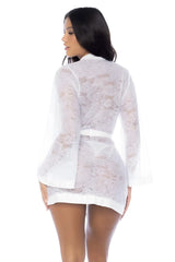 White lace robe with bell sleeves and matching belt by mapale model 7611 in elegant white for lounge or sleepwear