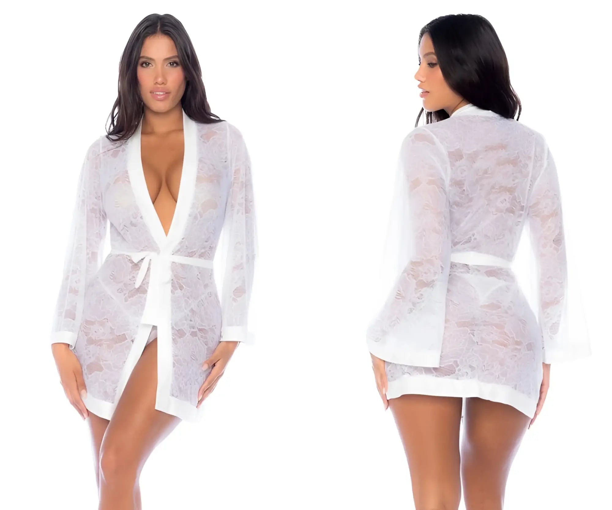 White lace robe with deep v-neckline and matching belt from mapale 7611 in white color