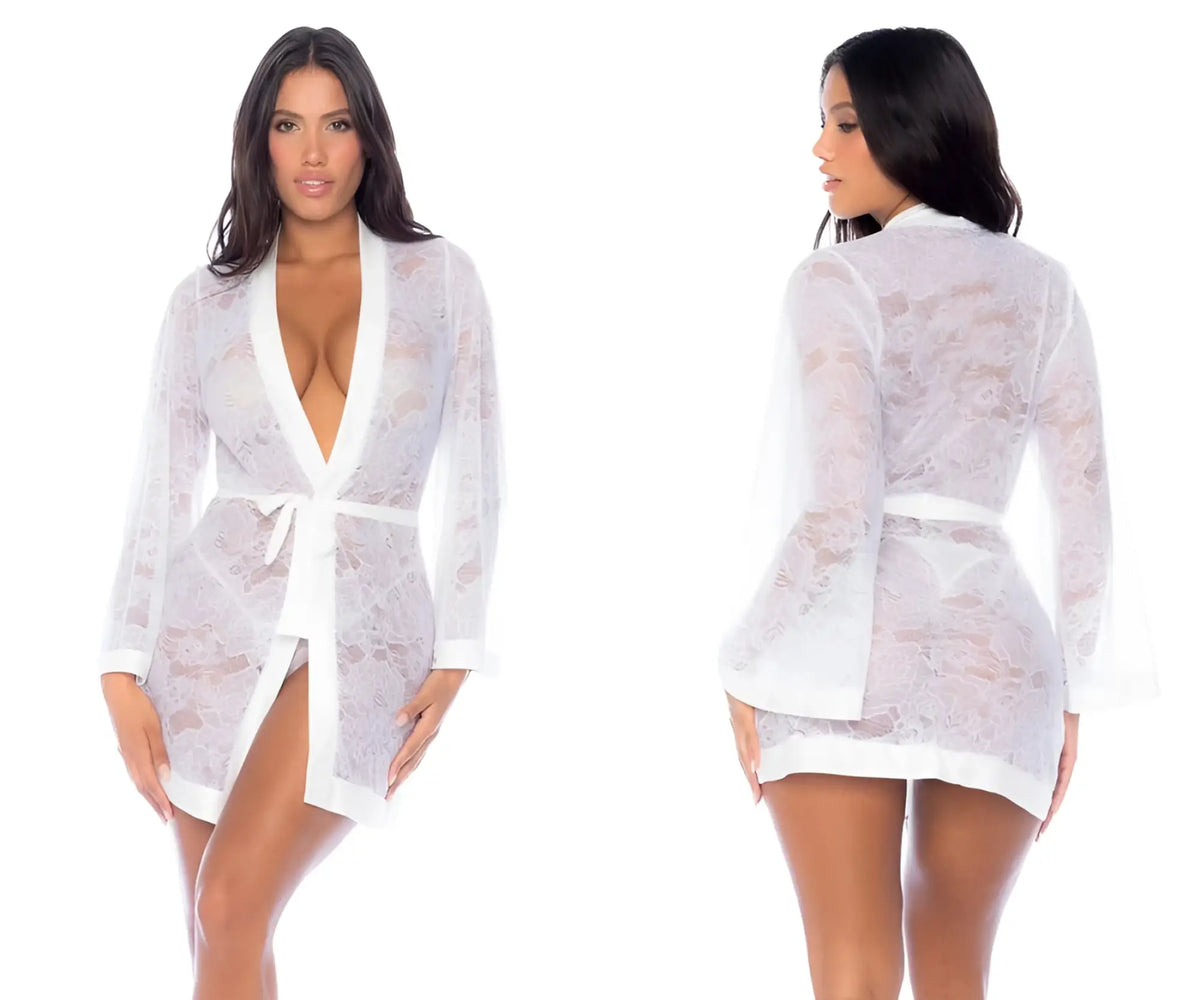 White lace robe with deep v-neckline and matching belt from mapale 7611 in white color