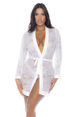 White lace robe mapale 7611 with deep v-neckline and matching belt in white color for elegant lingerie wear