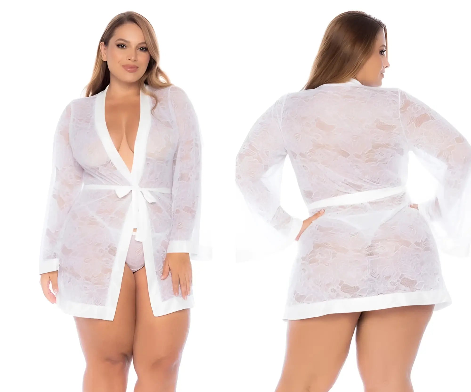 White lace robe with long sleeves and matching belt by Mapale 7611X in white for elegant loungewear